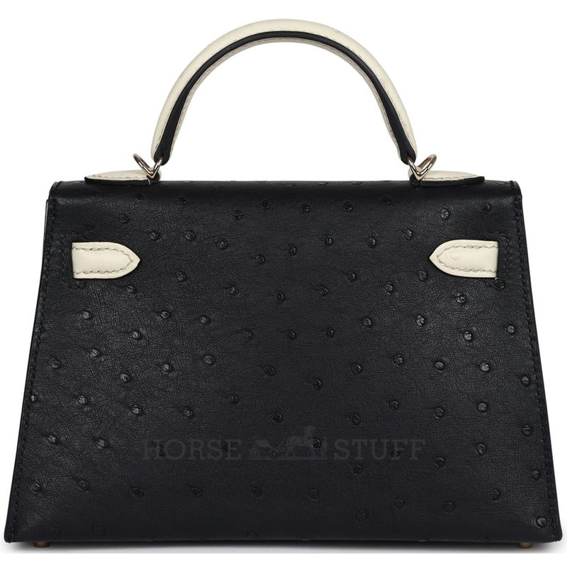 Hermès Kelly Sellier Mini II Special Order HSS Black / Beton Ostrich Permabrass HW