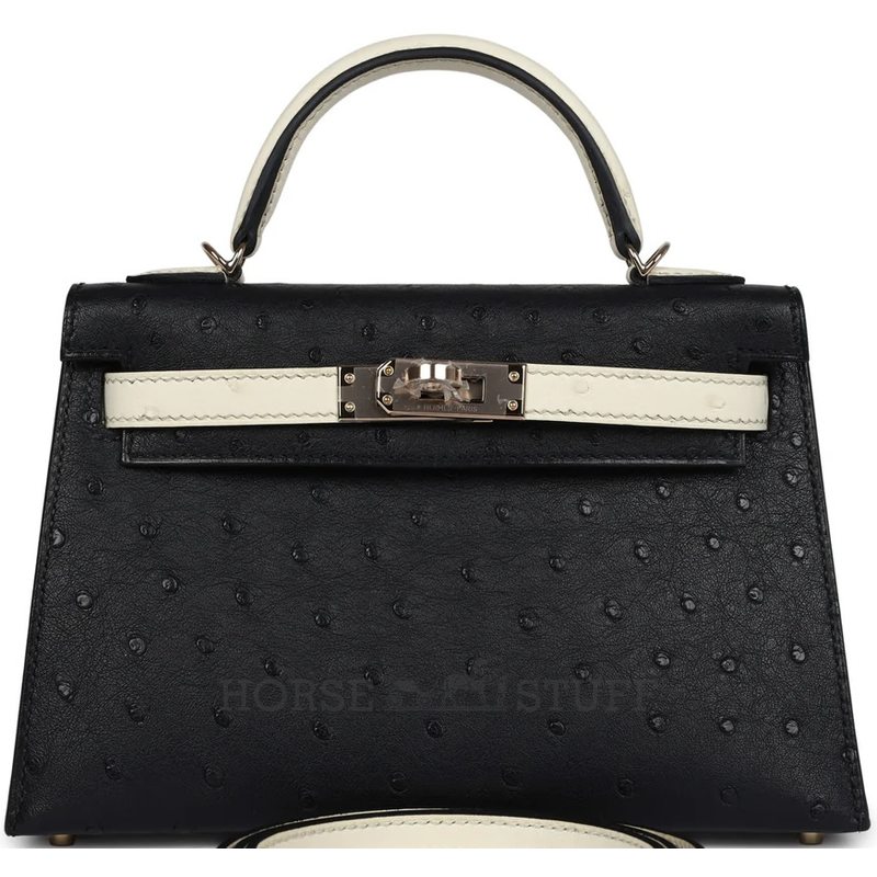 Hermès Kelly Sellier Mini II Special Order HSS Black / Beton Ostrich Permabrass HW