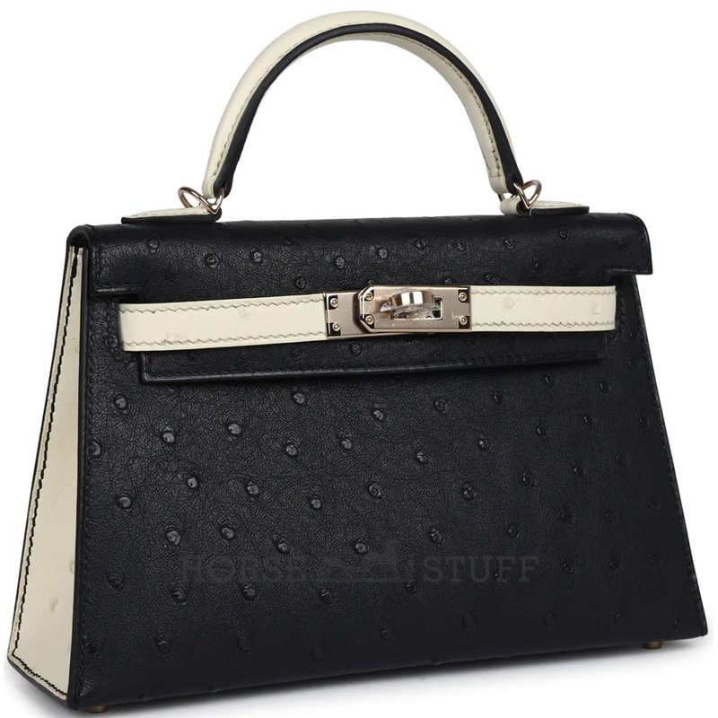 Hermès Kelly Sellier Mini II Special Order HSS Black / Beton Ostrich Permabrass HW