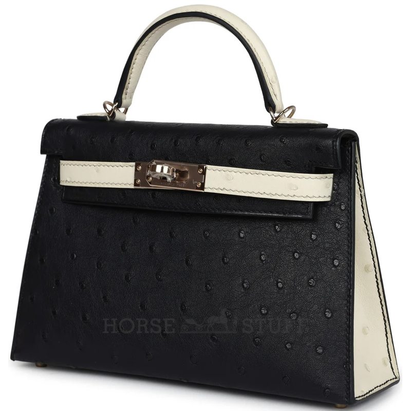 Hermès Kelly Sellier Mini II Special Order HSS Black / Beton Ostrich Permabrass HW