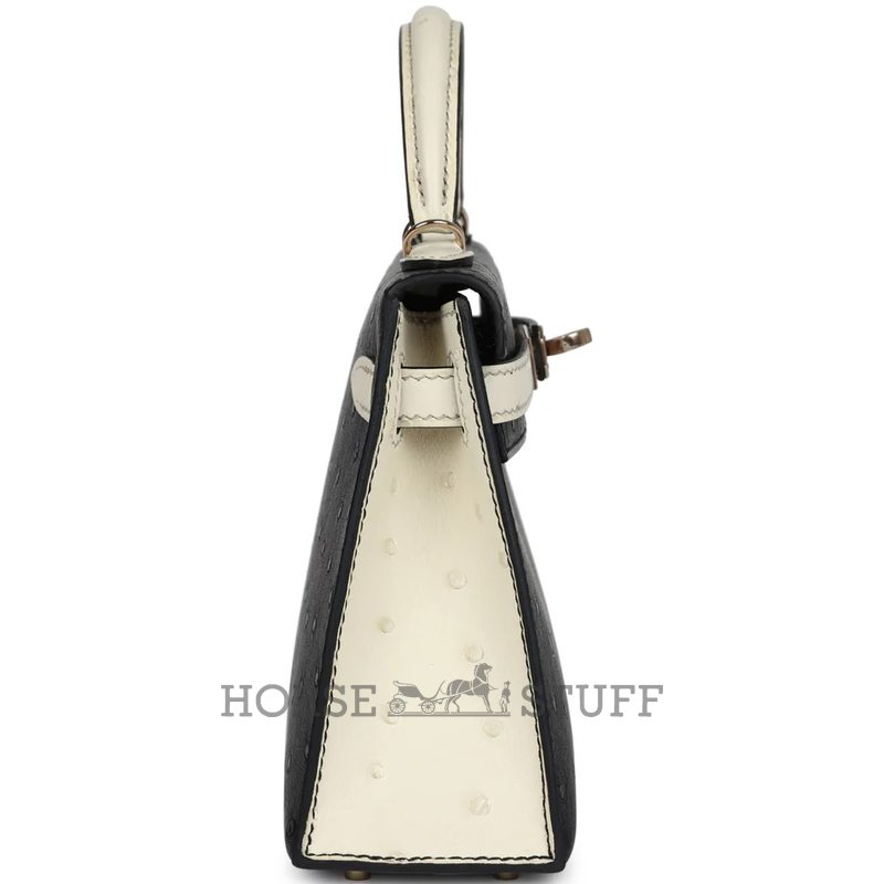 Hermès Kelly Sellier Mini II Special Order HSS Black / Beton Ostrich Permabrass HW