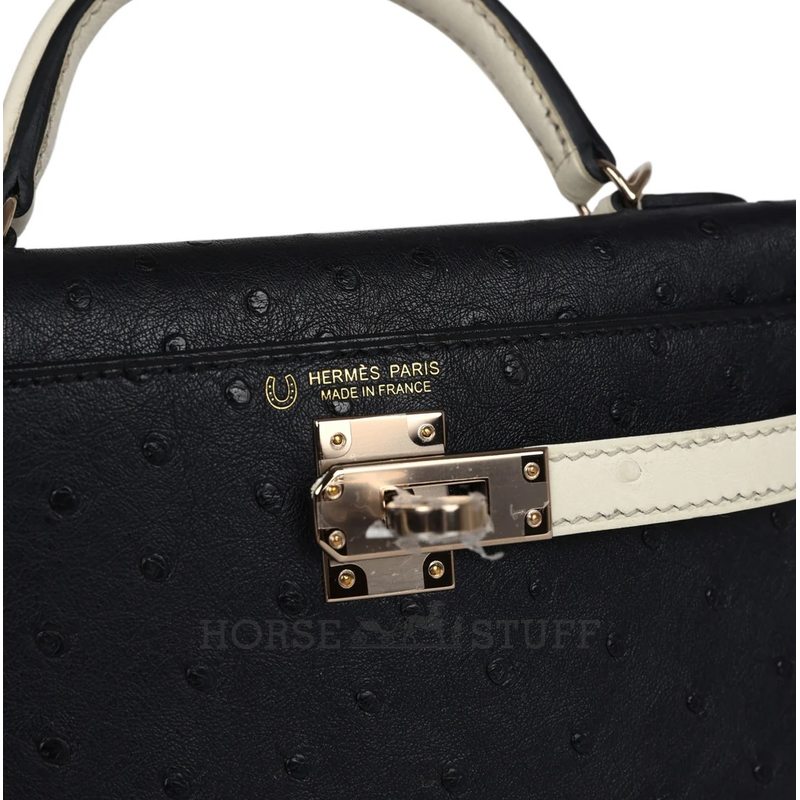 Hermès Kelly Sellier Mini II Special Order HSS Black / Beton Ostrich Permabrass HW
