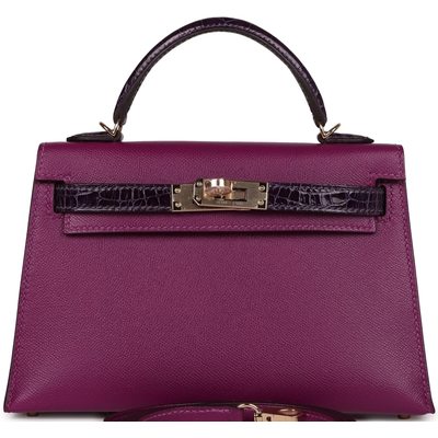 Hermès Kelly Sellier Mini II Touch Anemone Madame / Amethyst Lisse Crocodile Alligator GHW