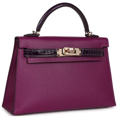 Hermès Kelly Sellier Mini II Touch Anemone Madame / Amethyst Shiny Crocodile Alligator GHW
