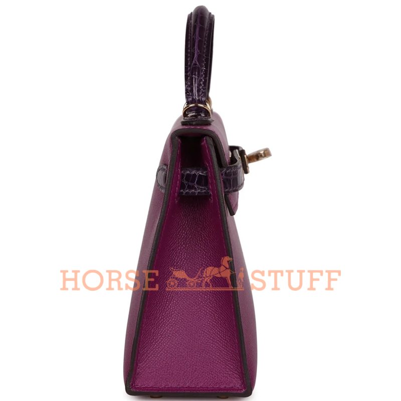 Hermès Kelly Sellier Mini II Touch Anemone Madame / Amethyst Lisse Crocodile Alligator GHW