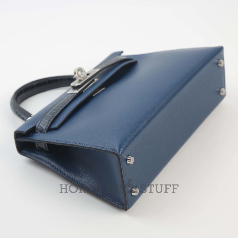 Hermès Kelly Sellier Mini II Touch Blue Sapphire Madame / Shiny Crocodile Alligator PHW