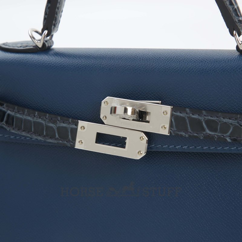 Hermès Kelly Sellier Mini II Touch Blue Sapphire Madame / Shiny Crocodile Alligator PHW