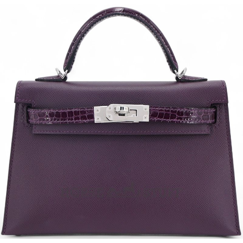 Hermès Kelly Sellier Mini II Touch Cassis Madame / Shiny Crocodile Alligator PHW