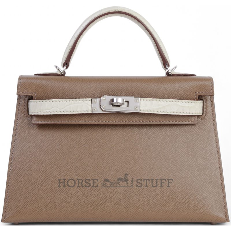 Hermès Kelly Sellier Mini II Touch Etoupe Madame / Beton Matte Crocodile Alligator PHW