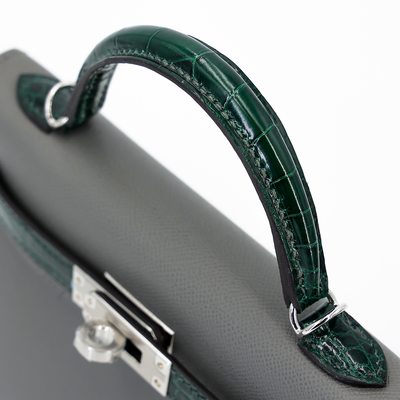 Hermès Kelly Sellier Mini II Touch Gris Meyer Madame / Vert Fonce Shiny Crocodile Alligator PHW