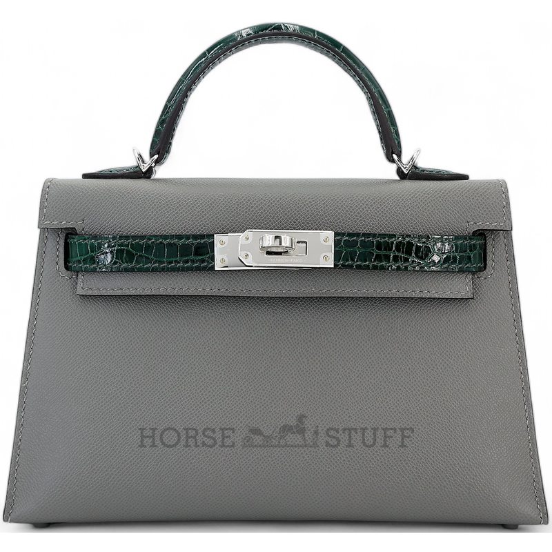 Hermès Kelly Sellier Mini II Touch Gris Meyer Madame / Vert Fonce Shiny Crocodile Alligator PHW