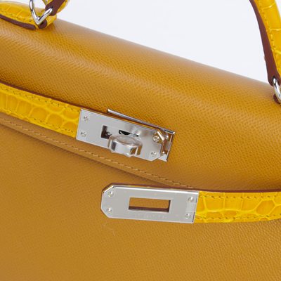 Hermès Kelly Sellier Mini II Touch Sesame Madame / Jaune Ambre Shiny Crocodile Alligator PHW