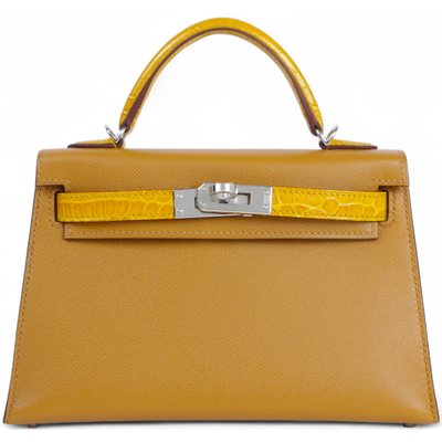 Hermès Kelly Sellier Mini II Touch Sesame Madame / Jaune Ambre Shiny Crocodile Alligator PHW
