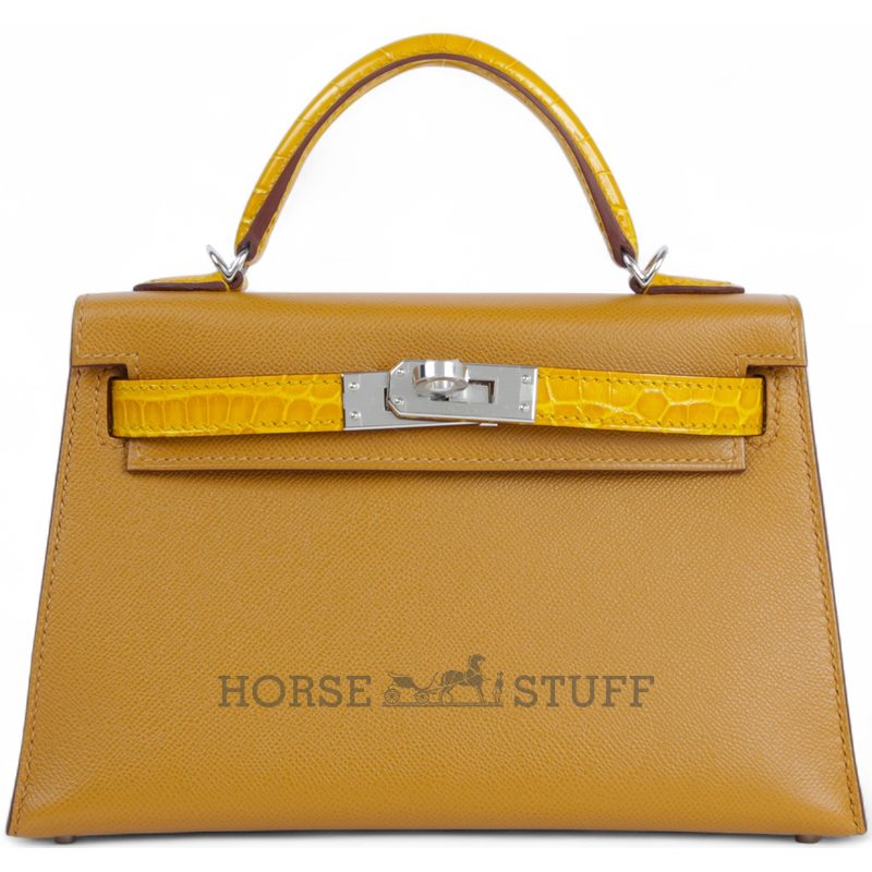 Hermès Kelly Sellier Mini II Touch Sesame Madame / Jaune Ambre Shiny Crocodile Alligator PHW