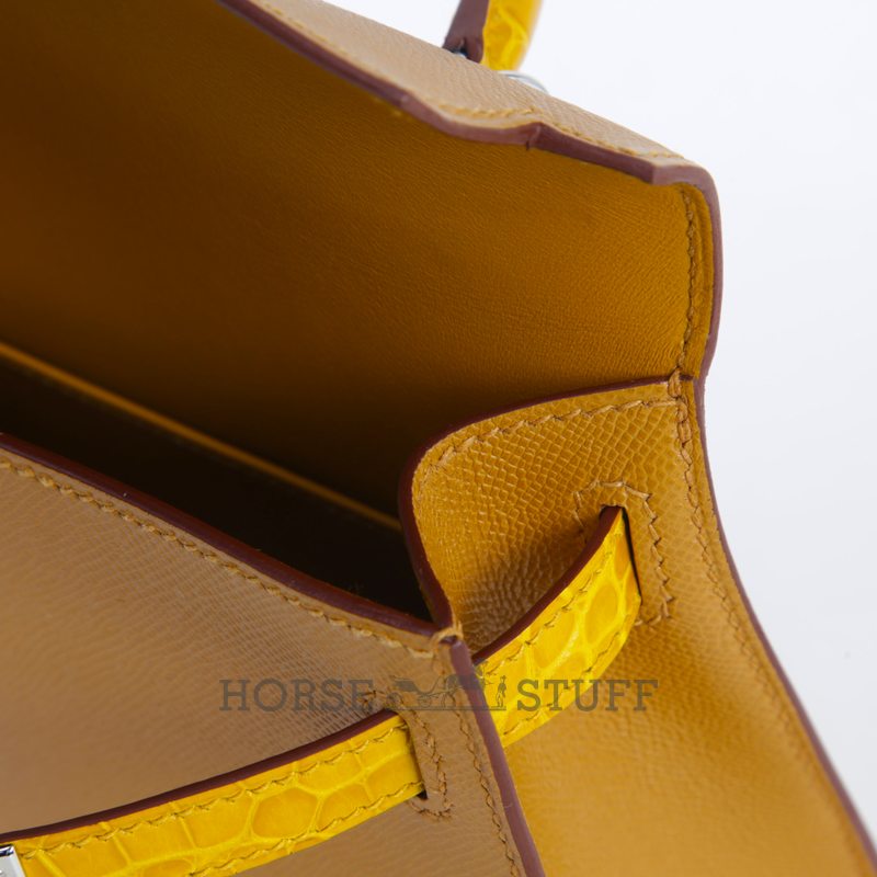 Hermès Kelly Sellier Mini II Touch Sesame Madame / Jaune Ambre Shiny Crocodile Alligator PHW