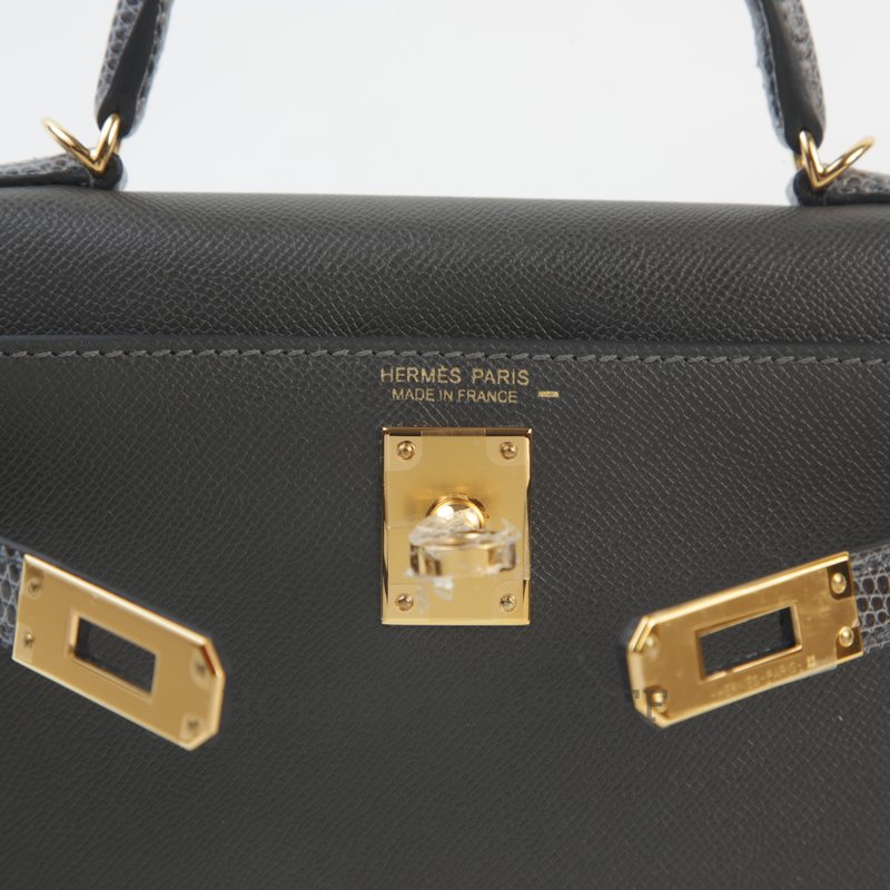 Hermès Kelly Sellier Mini II Touch Graphite Madame / Shiny Niloticus Lizard GHW