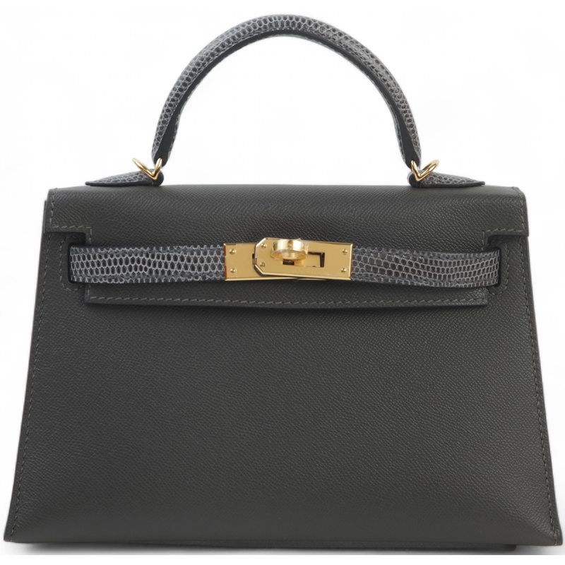 Hermès Kelly Sellier Mini II Touch Graphite Madame / Shiny Niloticus Lizard GHW