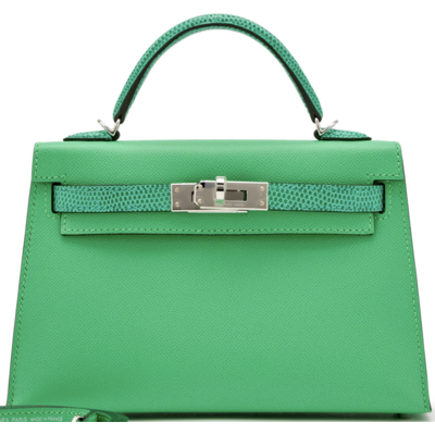 Hermès Kelly Sellier Mini II Touch Vert Comics Madame / Menthe Shiny Niloticus Lizard PHW