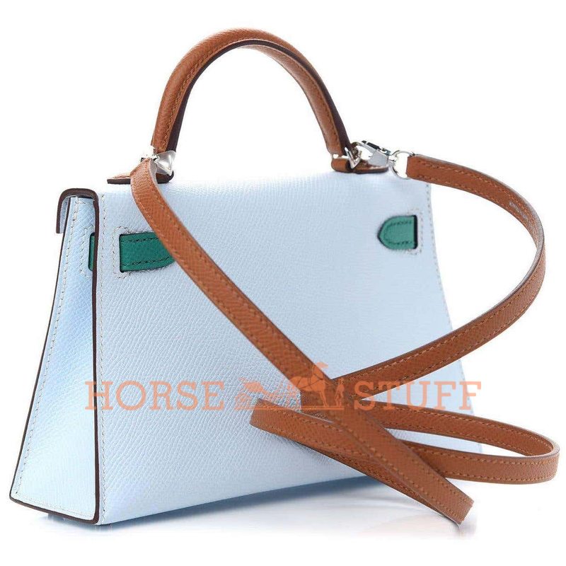 Hermès Kelly Sellier Mini II Limited Edition Tricolor Blue Brume / Gold / Vert Jade Epsom PHW