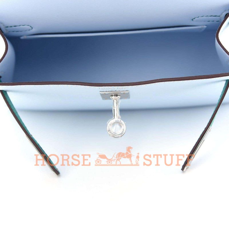 Hermès Kelly Sellier Mini II Limited Edition Tricolor Blue Brume / Gold / Vert Jade Epsom PHW