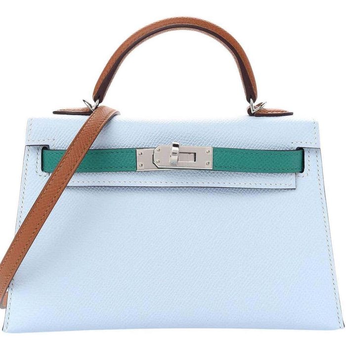 Hermès Kelly Sellier Mini II Limited Edition Tricolor Blue Brume / Gold /  Vert Jade Epsom PHW from 100% authentic materials!