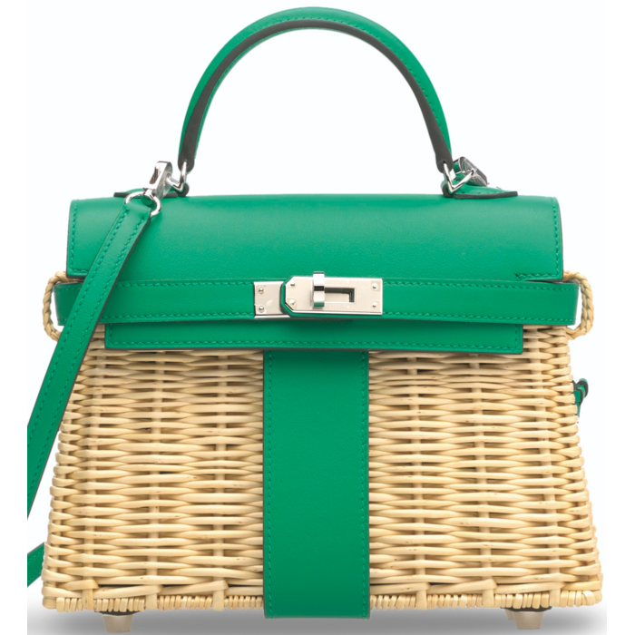Hermes Kelly Limited Edition Picnic Mini Vert Verone Swift and Osier PHW  from 100% authentic materials!
