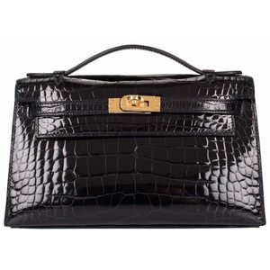 MIGHTYCHIC • HERMÈS Kelly Pochette Clutch Bag Shiny Black Alligator Gold 