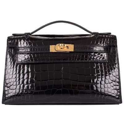 Hermès Kelly Pochette Clutch Black Lisse Crocodile Alligator GHW 