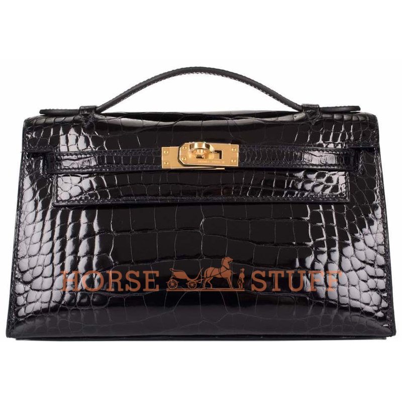 Hermès Kelly Pochette Clutch Black Lisse Crocodile Alligator GHW