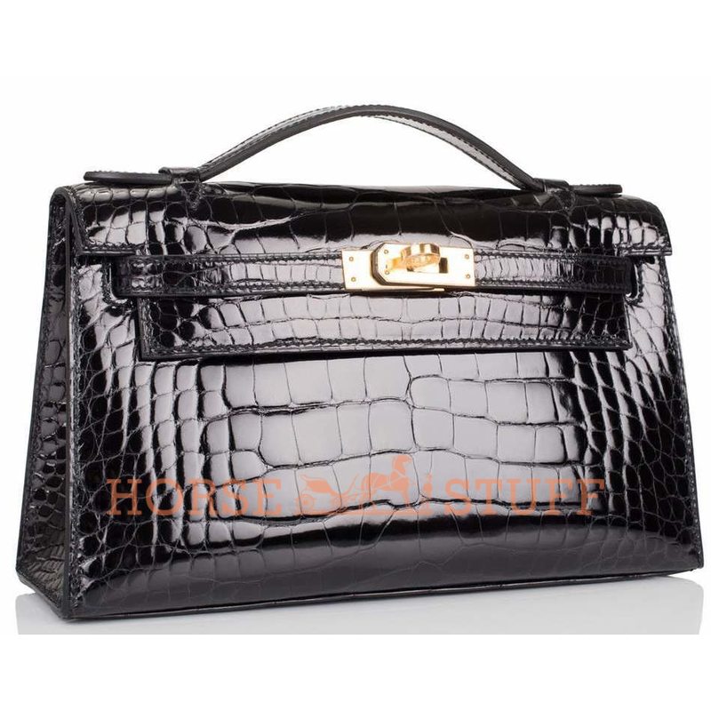 Hermès Kelly Pochette Clutch Black Lisse Crocodile Alligator GHW