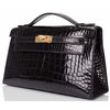 Hermès Kelly Pochette Clutch Black Lisse Crocodile Alligator GHW