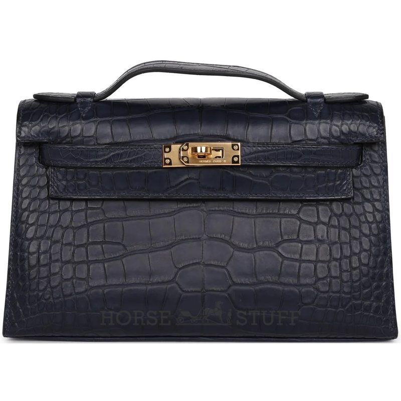 Hermès Kelly Pochette Clutch Blue Indigo Matte Crocodile Alligator GHW