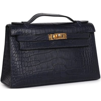 Hermès Kelly Pochette Clutch Blue Indigo Matte Crocodile Alligator GHW