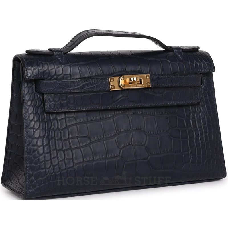 Hermès Kelly Pochette Clutch Blue Indigo Matte Crocodile Alligator GHW