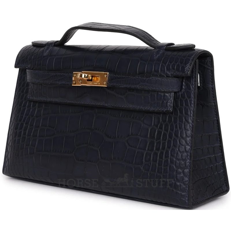 Hermès Kelly Pochette Clutch Blue Indigo Matte Crocodile Alligator GHW