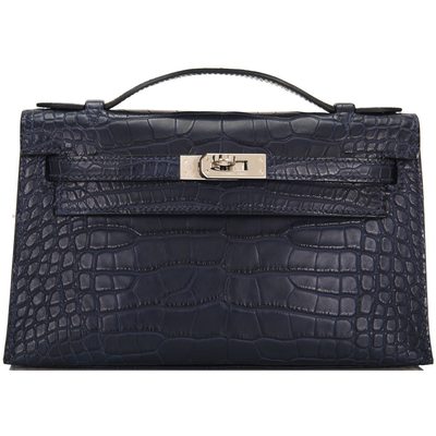 Hermès Kelly Pochette Clutch Blue Indigo Matte Crocodile Alligator PHW