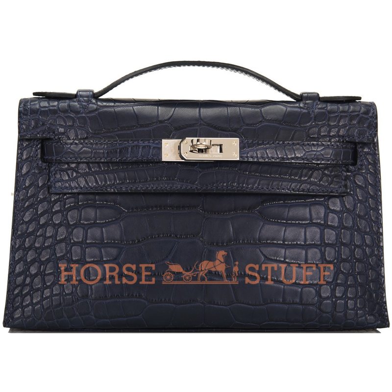 Hermès Kelly Pochette Clutch Blue Indigo Matte Crocodile Alligator PHW