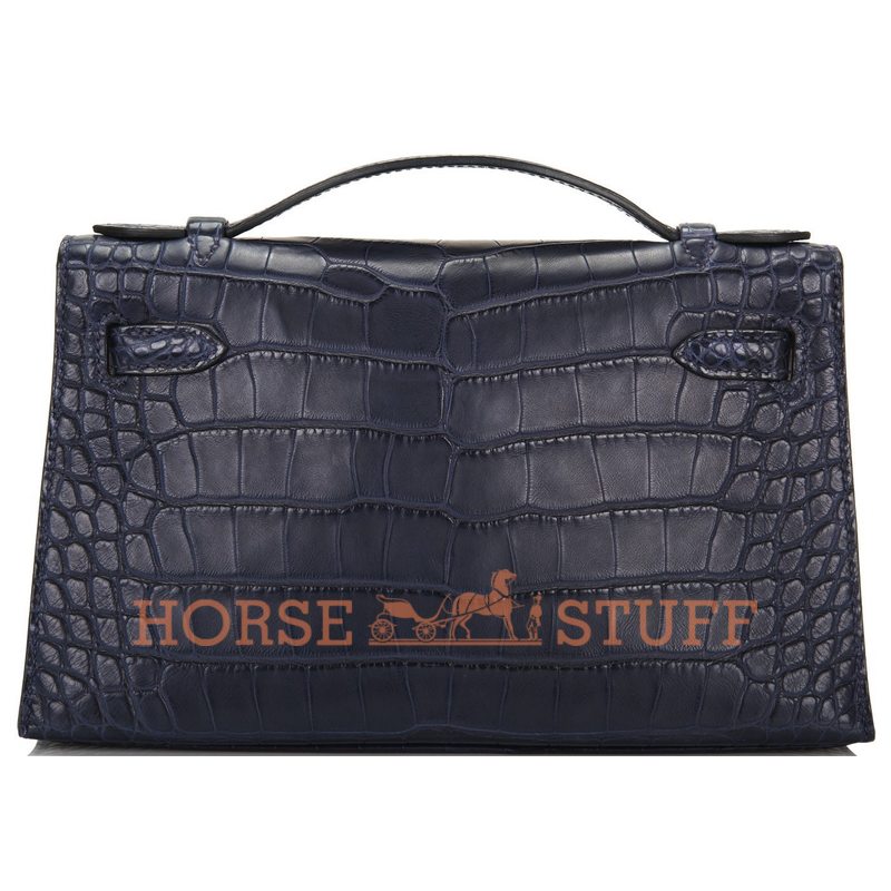 Hermès Kelly Pochette Clutch Blue Indigo Matte Crocodile Alligator PHW