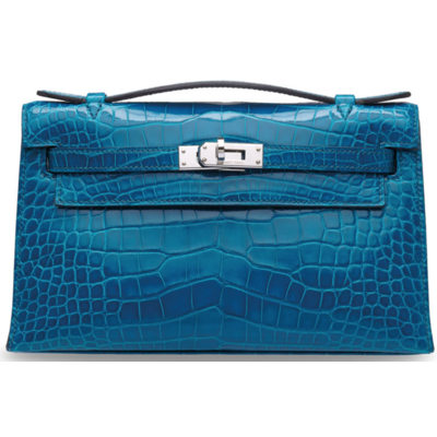 Hermès Kelly Pochette Clutch Blue Izmir Lisse Crocodile Alligator PHW