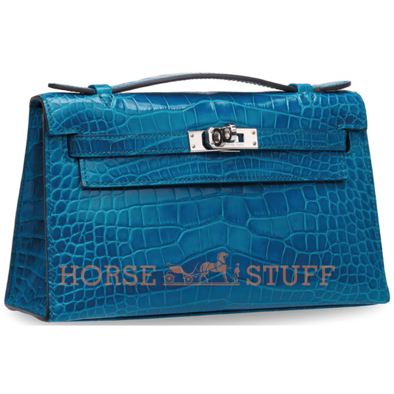 Hermès Kelly Pochette Clutch Blue Izmir Lisse Crocodile Alligator PHW