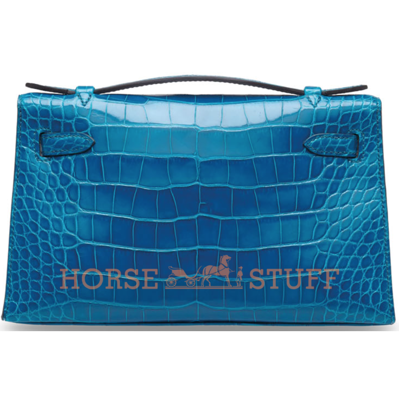 Hermès Kelly Pochette Clutch Blue Izmir Lisse Crocodile Alligator PHW