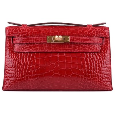 Hermès Kelly Pochette Clutch Braise Lisse Crocodile Alligator GHW 