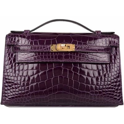 Hermès Kelly Pochette Clutch Cassis Lisse Crocodile Alligator GHW 