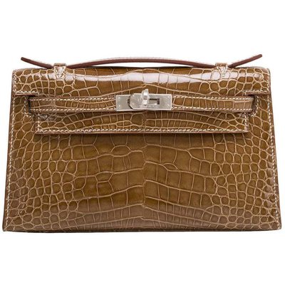 Hermès Kelly Pochette Clutch Ficelle Lisse Crocodile Alligator PHW