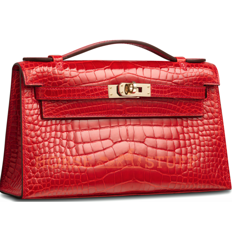 Hermès Kelly Pochette Clutch Geranium Lisse Crocodile Alligator GHW