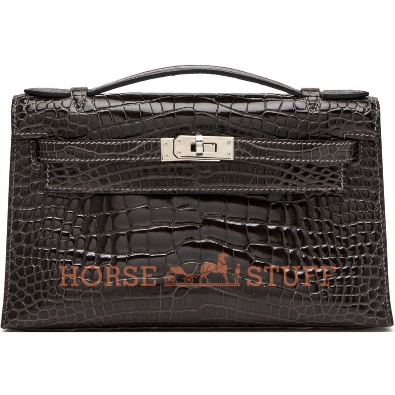 Hermès Kelly Pochette Clutch Graphite Lisse Crocodile Alligator PHW