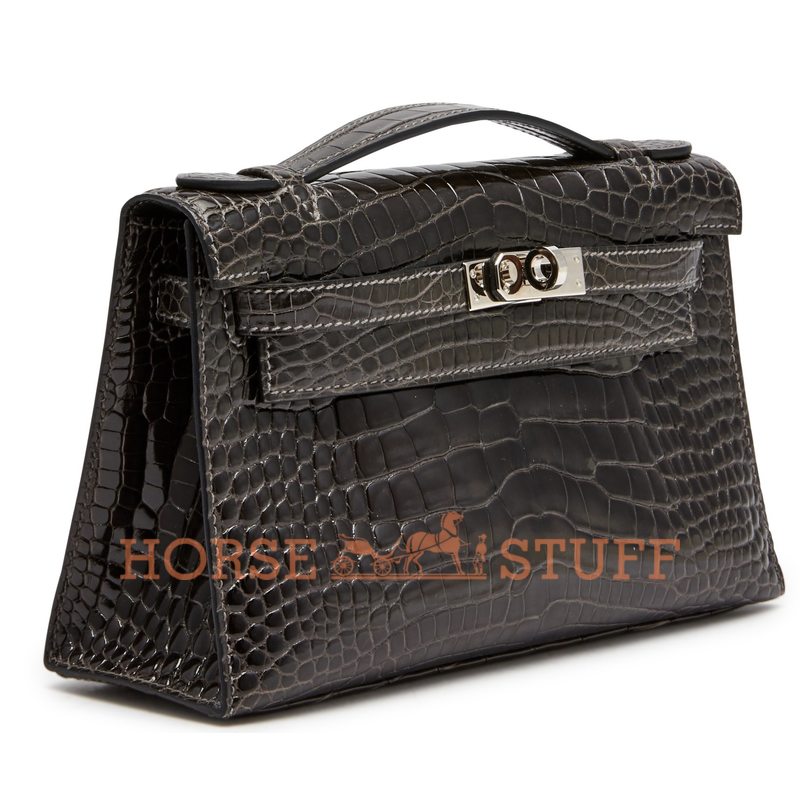 Hermès Kelly Pochette Clutch Graphite Lisse Crocodile Alligator PHW