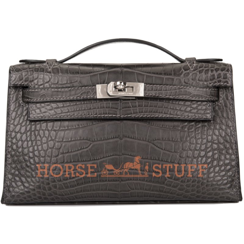 Hermès Kelly Pochette Clutch Graphite Matte Crocodile Alligator PHW