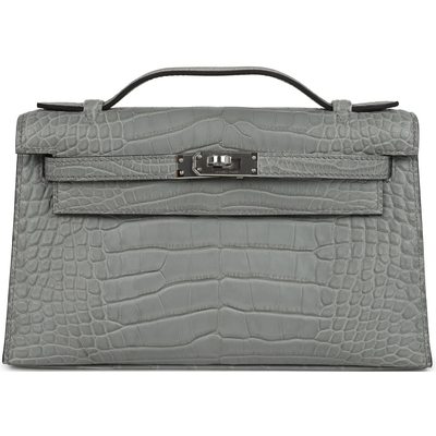 Hermès Kelly Pochette Clutch Gris Ciment Matte Crocodile Alligator PHW