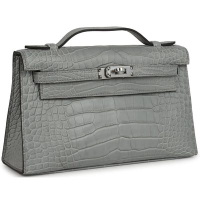 Hermès Kelly Pochette Clutch Gris Ciment Matte Crocodile Alligator PHW